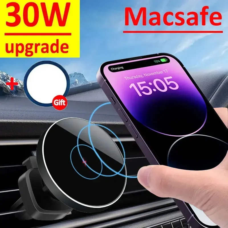 Magnetic Wireless Charger 30W Car Phone Holder Stand iPhone 15 14 13 12 Pro Max Samsung Car Mount Fast Charging Dock Station