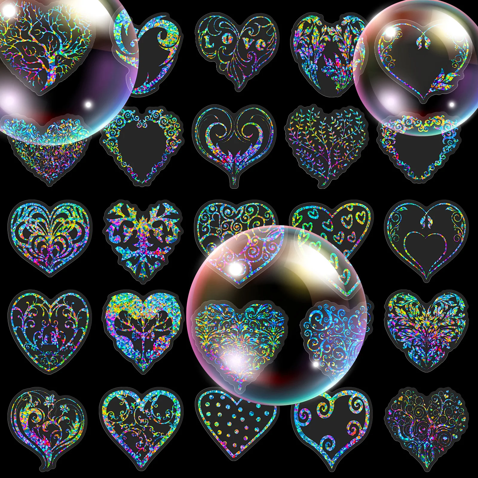 50 Sheets Of Transparent Holographic Heart-shaped PET Stickers With Radiant Colors For Decoration Sticker