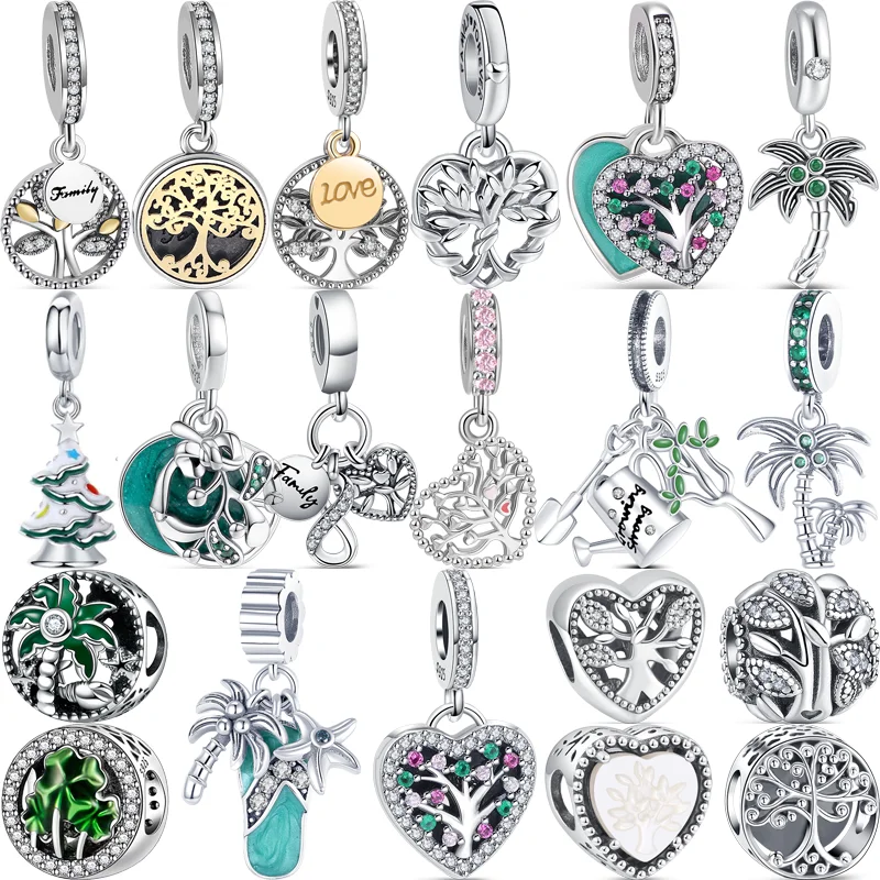 

100% 925 Solid Silver Green Tree Style Love Eternal Pendant Luxury Family Beads Fit Original Pandora Charms Bracelet DIY Jewelry
