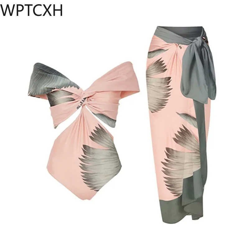

French Retro Two Piece Set Monokini with Cover Up Printing Wrap Skirt Sexy Ladies Bodysuit Swimsuit Vacation Beachwear Luxury