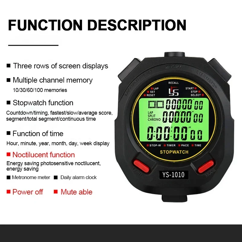 

Luminous Professional Digital Chronograph Stopwatch 10/30/60/100 Sports Timer Training Handheld Track Counter