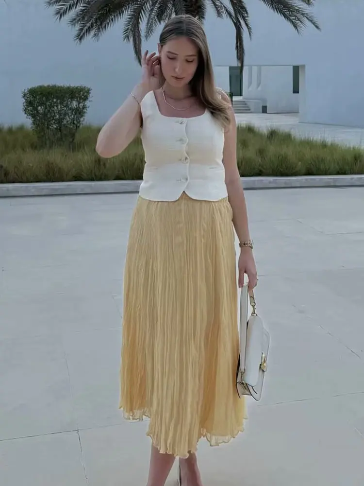 HH Women Elegant Yellow Pleated Long Skirts Elastic Waist Loose Casual High Waist Skirt Female A-Line Solid Tulle Skirt
