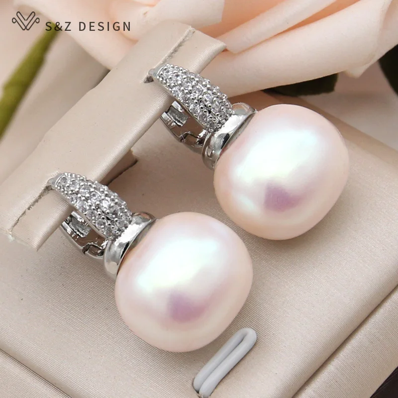 S&Z DESIGN New Fashion Round Rectangle Simulated-pearl Bead Drop Earrings For Women 585 Rose Gold Color Cubic Zirconia Eardrop