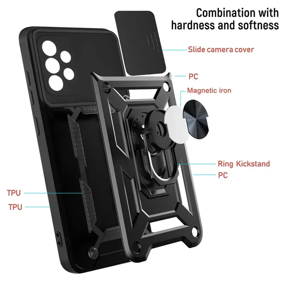 Premium Armor Magnetic Ring Stand Case with Slide Lens Protection