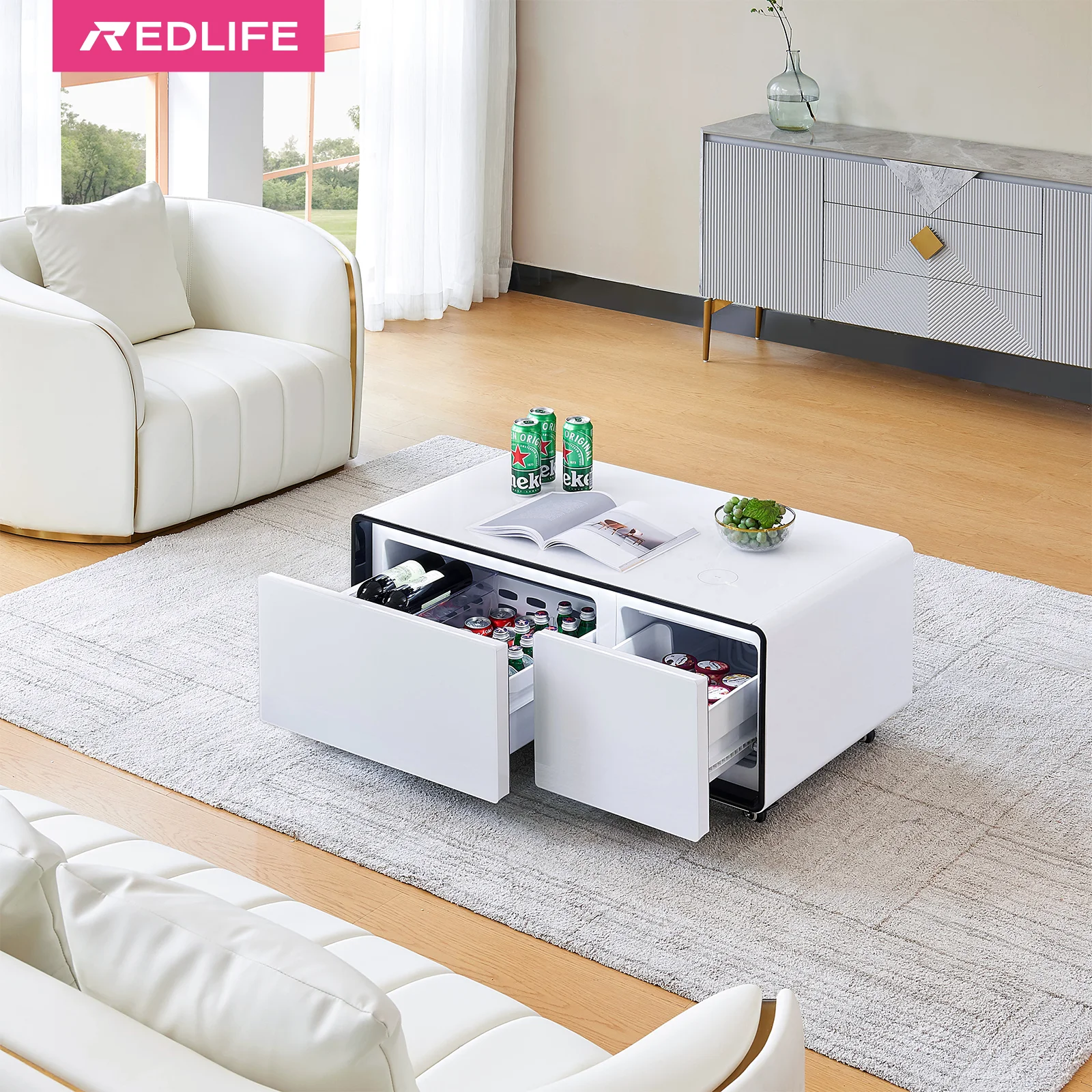 

Redlife Smart Table Fridge Multifunctional Coffee Table with Wireless Charging and Two Cooler and Frozen Drawers for Living Room