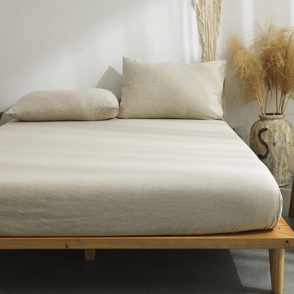 

Linen Cotton Solid Color Fitted Sheet Mattress Cover 180/200/220 Custom Heightened Air-Permeable Protector Cover for Bed