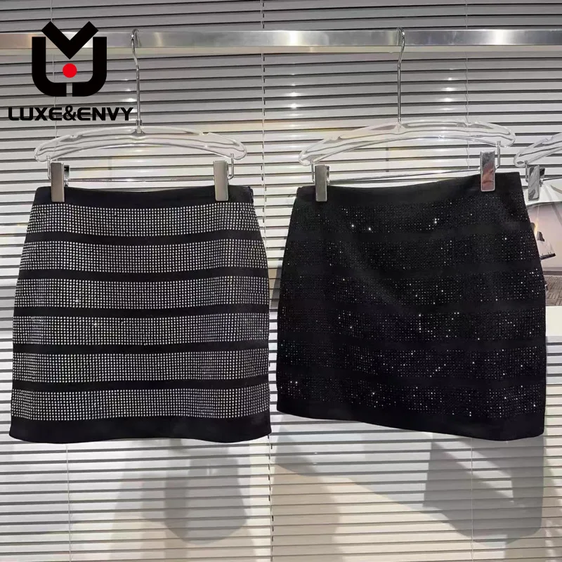 

LUXE&ENVY Korean Edition Heavy Industry Hot Diamond High Waist Short Skirt Network Casual Wrap Hip Skirt 2023 Autumn