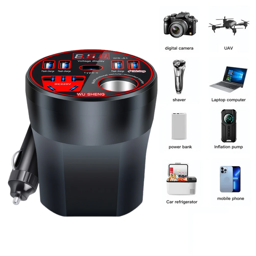 200W 자동차 전압 변환기 DC12V/24V에서 220V로 변환하는 자동차 시거잭 플러그 전압 변환기, 자동차 가전제품용 4개 USB 포트 및 1개 타입-C 포트 포함