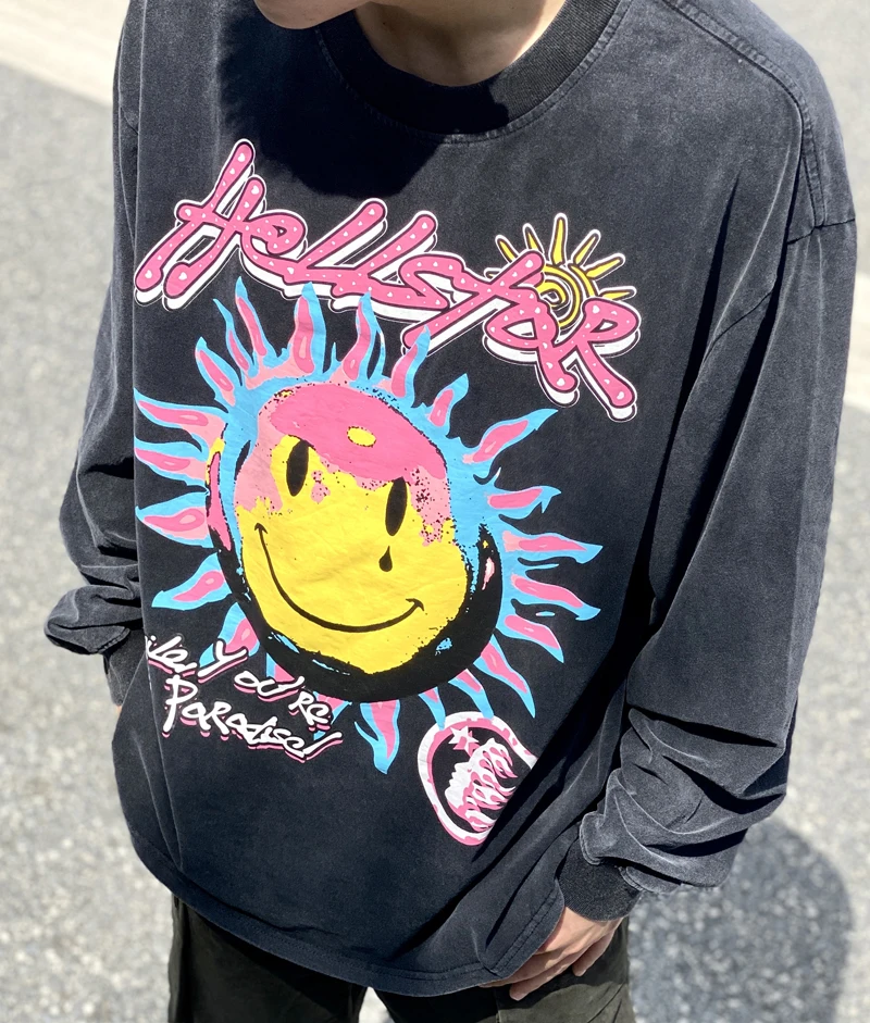 

Y2k Streetwear vintage Hellstar T-shirt Sunflower Graffiti Long Sleeve T Shirt Heavy Do Old Wash Water Craft Top Tee Men Women y