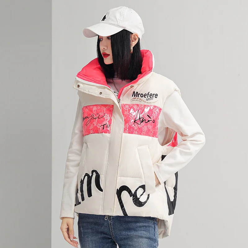2023 Down Vest Jacket Women Autumn Winter Patchwork Letter Print Stand Collar White Duck Down Waistcoat Lady Outerwear Tank Tops