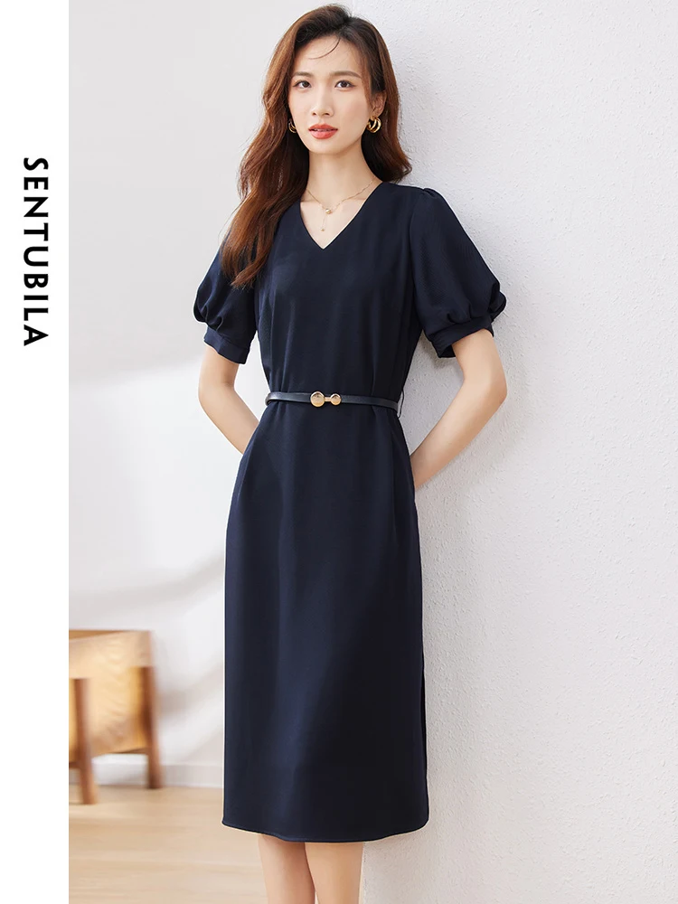 

SENTUBILA Elegant V-neck Dress for Woman 2024 Summer Comfort Solid Puff Sleeve Casual Belt Short Sleeve Midi Dresses 132L49791