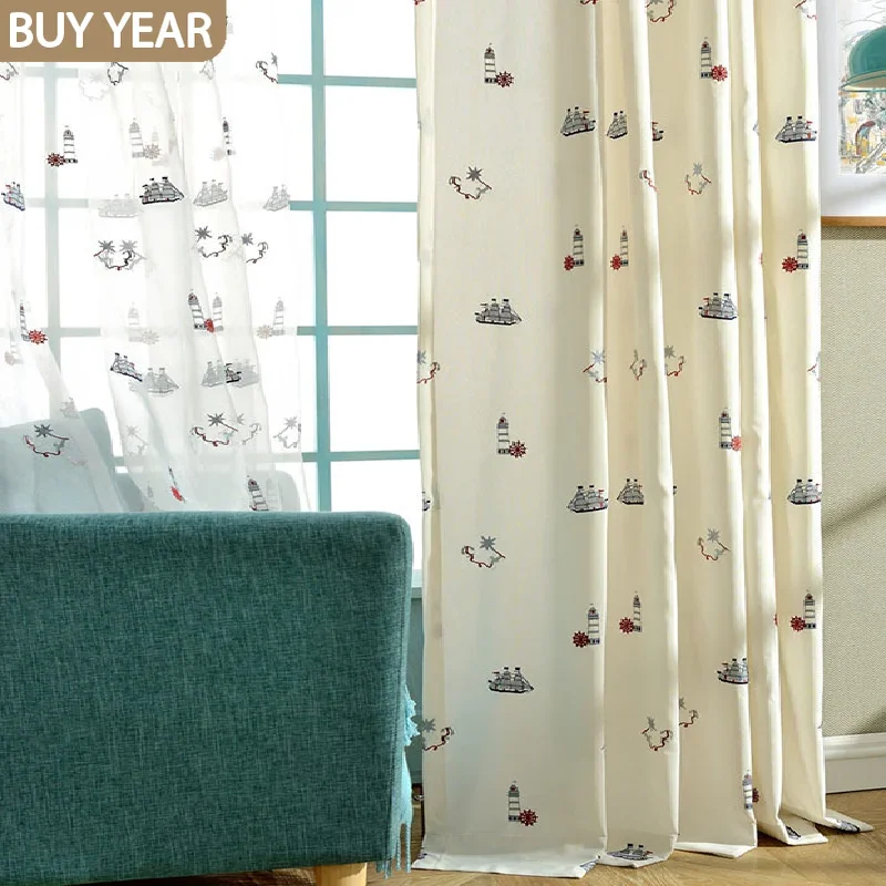 

Modern Curtains for Living Dining Room Bedroom Cotton and Linen Fabric Embroidery Curtain Tulle Organza Sailing Lighthouse Tulle