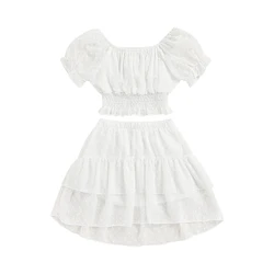 Bebê da criança meninas roupas de duas peças algodão verão casual conjunto moda cor sólida chiffon manga curta tops e saias curtas