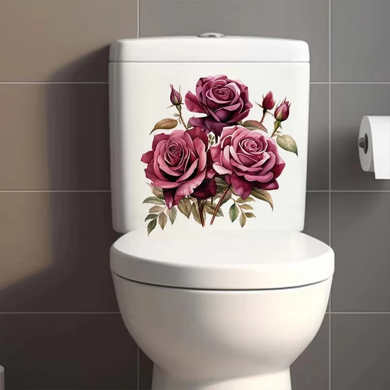 Watercolor Burgundy Roses Plants Flowers Wall Sticker Bathroom Toilet Decor Decals Living Room Cabinet Home Decoration F07
