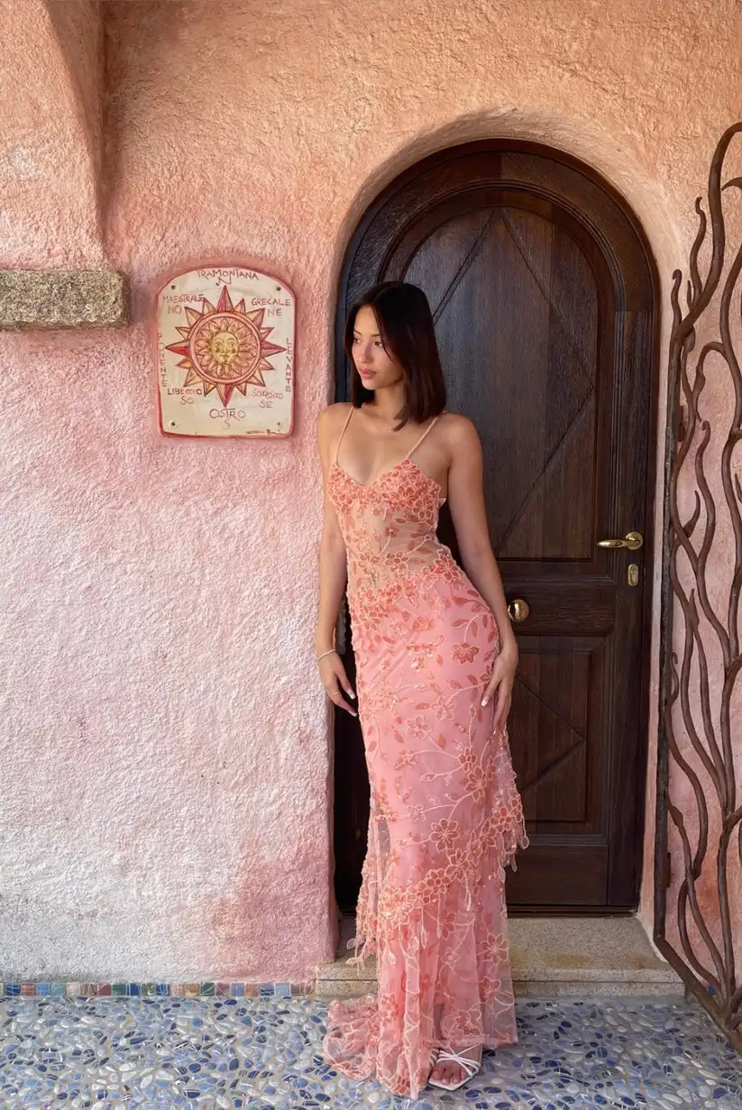 

Pink Sequin Beaded Flower Clubwear Evening Party Dress Sleeveless Slim Fitting Boho Birthday Gown Photography Gowns 2024