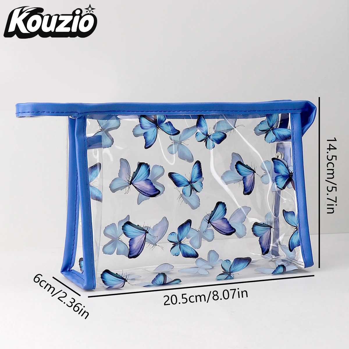 나비 프린트 투명 필통, 대용량 PVC 펜 파우치, 지퍼와 손잡이 포함, 학교 및 여행용 - KOUZIO