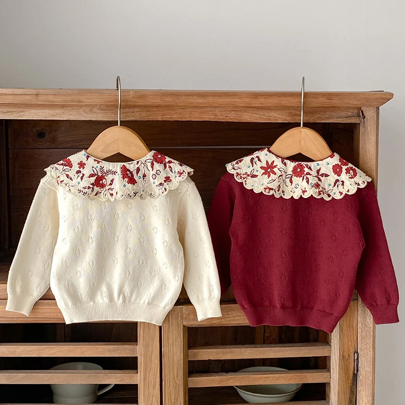 Autumn Newborn Sweaters Kids Knit Wear Kids Knitting Pullovers Tops Large Floral Collar Baby Girl Sweaters Cotton