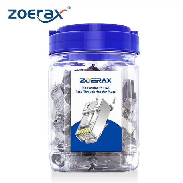 ZOERAX 50-Pack Shielded RJ45 Cat7 Cat6A Pass Through Connectors - 3 Prong 8P8C 50U Gold Plated 2 ชิ้นสายเคเบิลEthernet Plug 1