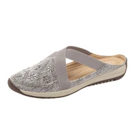 Sandales pour femmes, mules et sabots d'été antidérapants en toile, ornées de diamants, chaussures de plage à bout ouvert, style romain, talons plats pour femmes 3