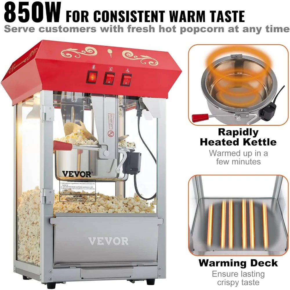Commercial Popcorn Machine, 8 Oz Kettle, 850 W Countertop Popcorn Maker for 48 Cups per Batch, Theater Style Popper