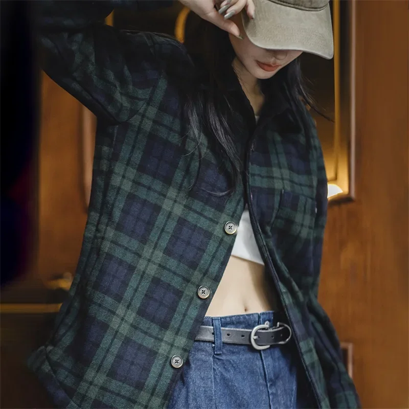 Maden Women's Vintage Top Blue Green Plaid Shirt Autumn Winter Coat Casual Loose Design Jacket