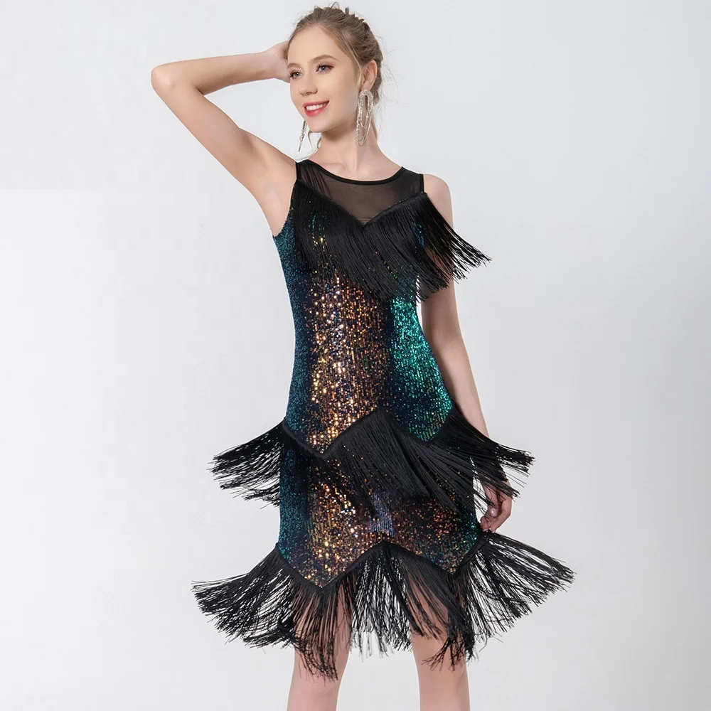 

Fashionable Shiny sequin Latin dance sequin fringe party dress for women