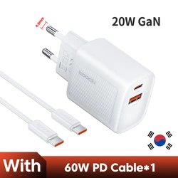 Toocki 20W Dual - Port Fast USB C Wall Charger with Power Delivery and QC3.0 (KR White With Cable)