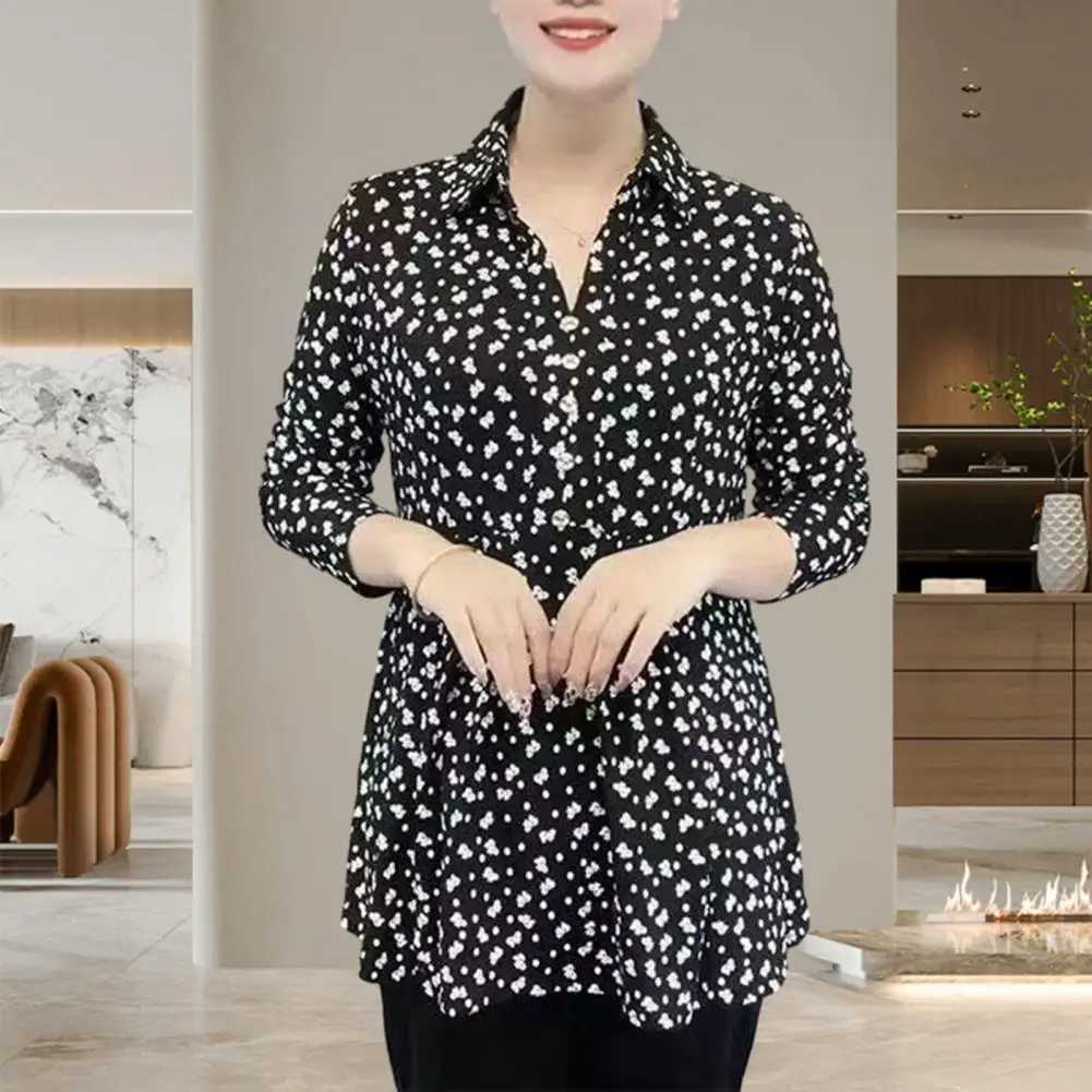 

Buttons Half Placket Shirt Floral Print Lapel V-neck Women's Pullover Long Sleeve Mid-aged Mom Shirt with Buttons for Everyday