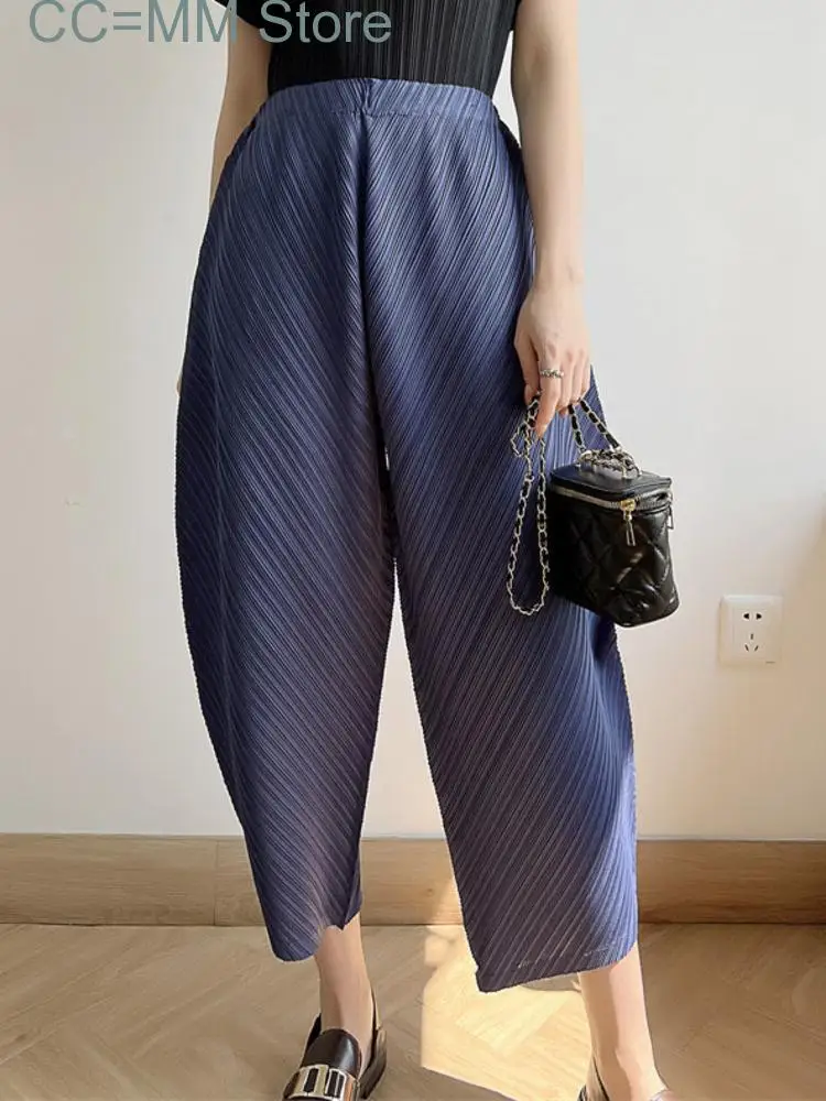 New Pleated Ankle-length Pants For Women Solid Color High Waist Wide Leg Trousers Loose Summer Female Fashion
