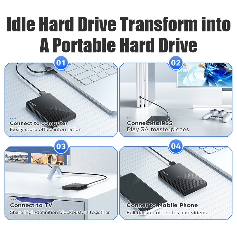 Eaget 외장 하드 드라이브 박스 HDD 케이스, 2.5 인치, 5Gbps SATA-USB C 3.2 Gen 1, SATA 하드 디스크 SSD HDD 인클로저용 HDD 박스