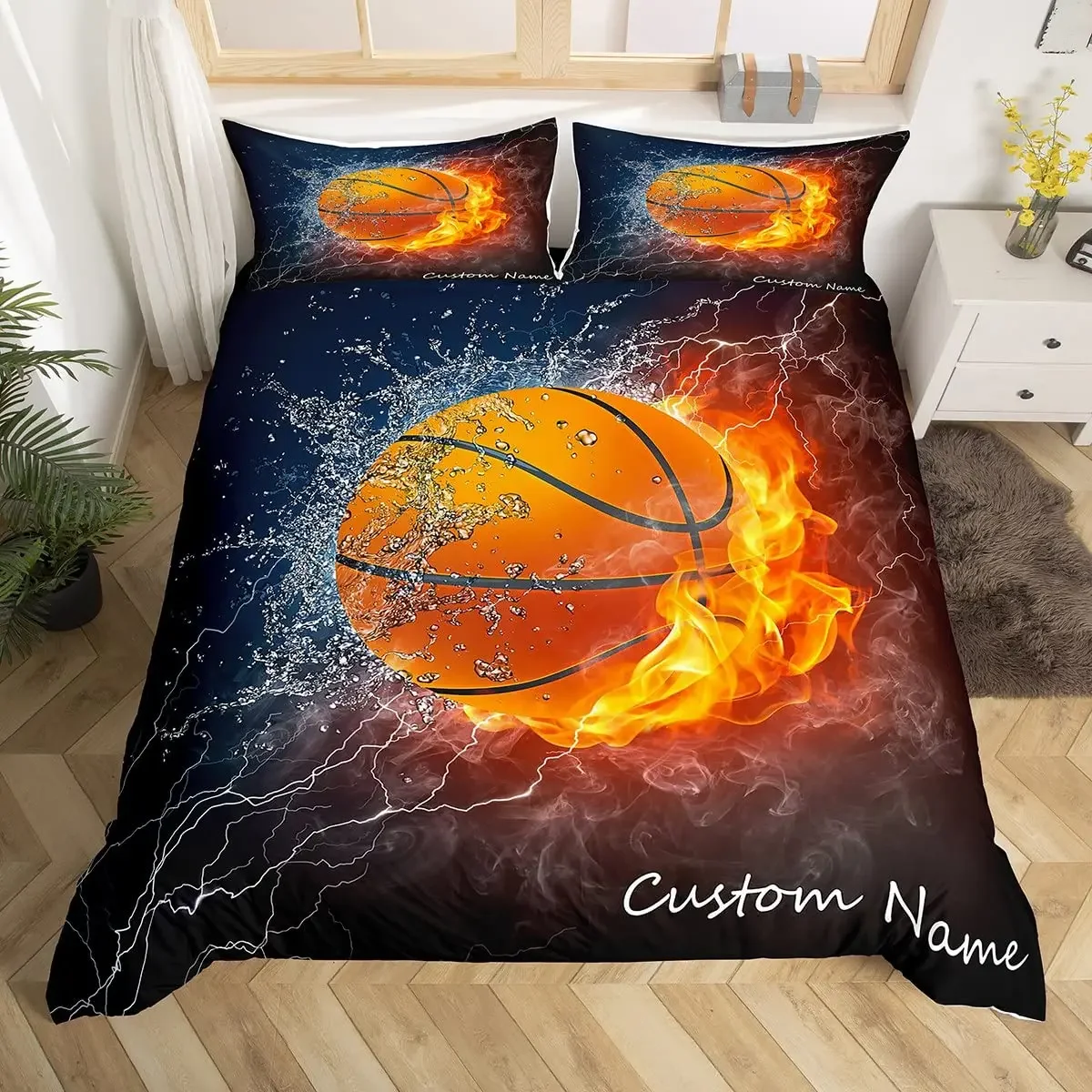 Custom Name Soccer Duvet Cover for Boys Teens Blue Flame Soccer Bedding Set Personalized Sports Comforter Cover Bedroom Decor
