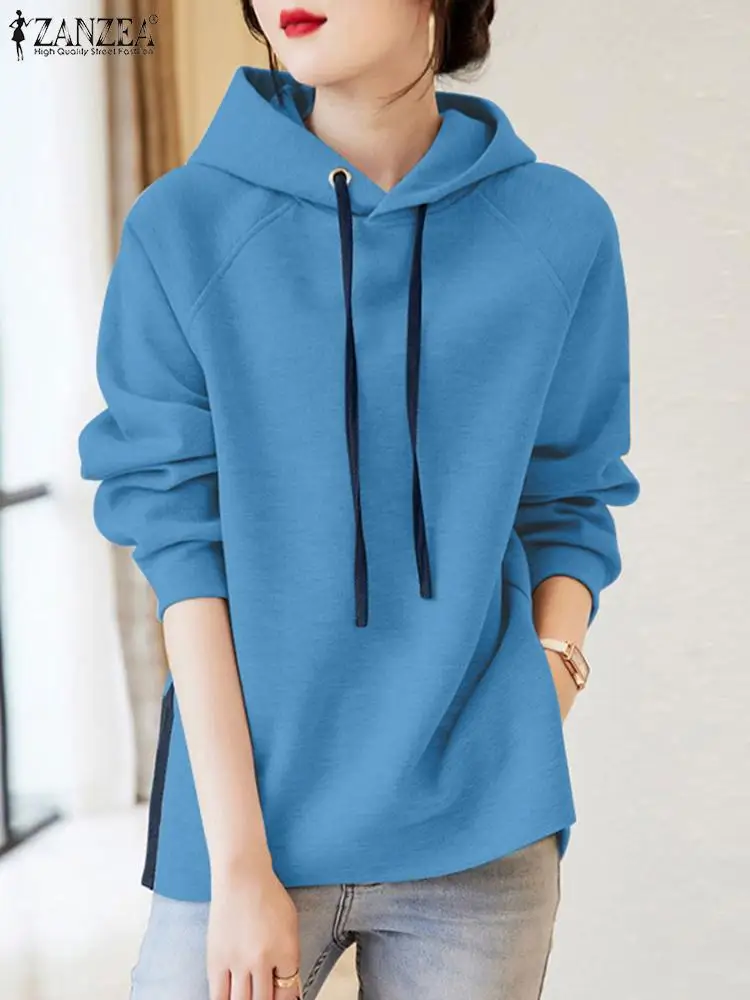 

ZANZEA Women Sweatshirts Fashion Autumn Hooded Pullover Casual Split Hem Sweatshirt Patchwork Hoodies Long Sleeve Tops Chemise