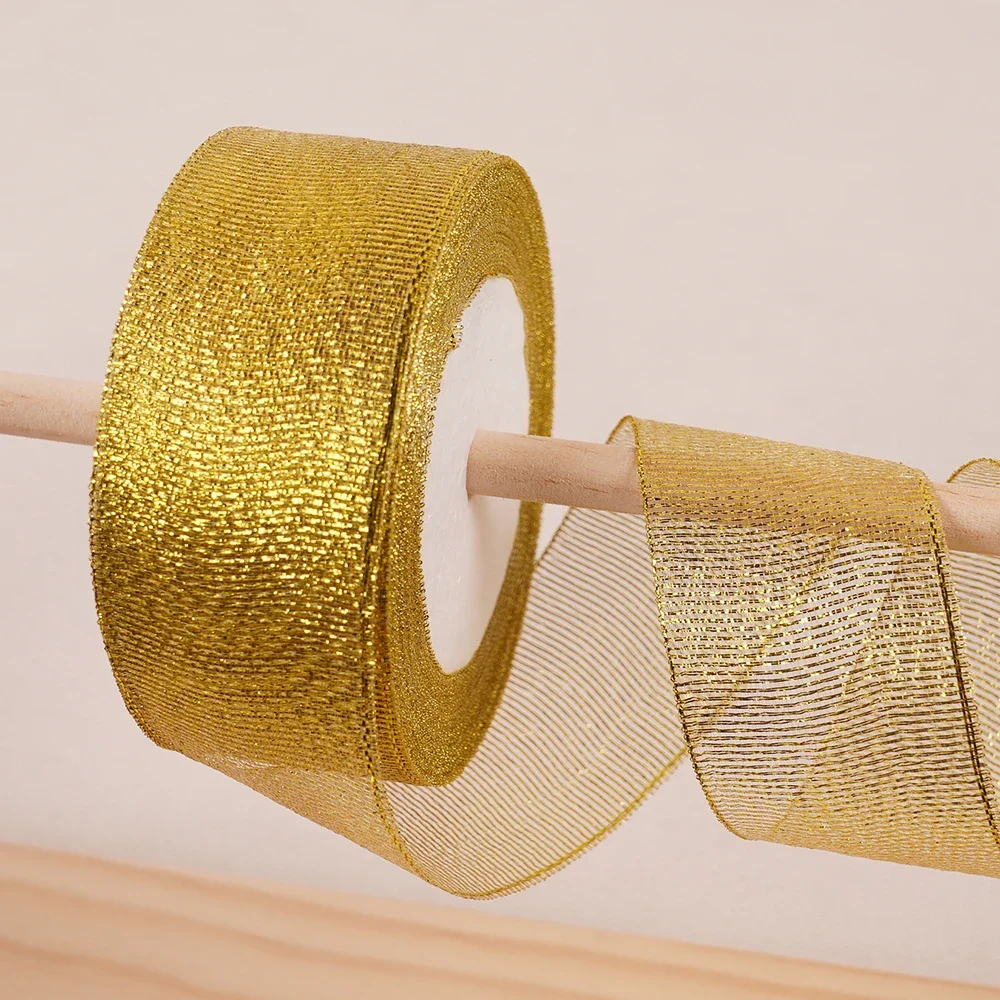 Gold Silver & Pink Blue Glitter Metallic Ribbon for Holiday & Party Decorations - 40mm Wide