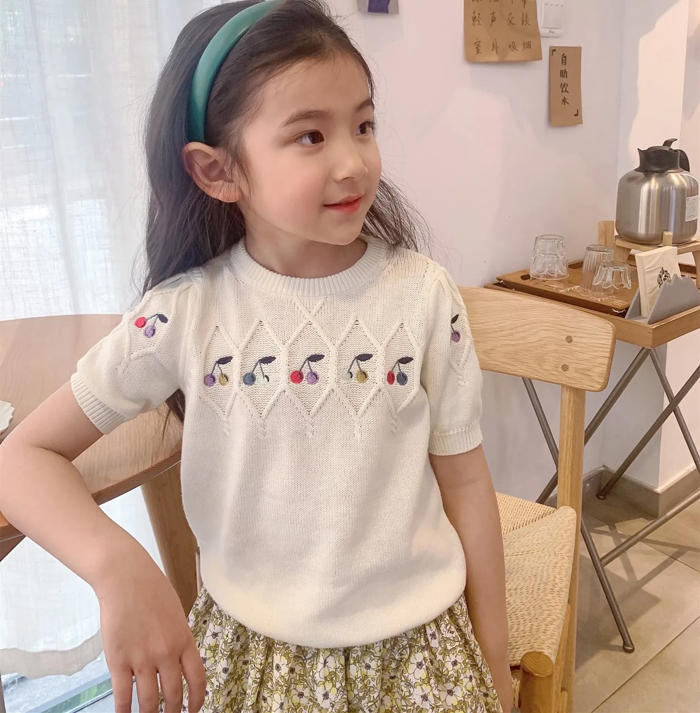 

kids clothes baby girls clothes kids tops Colored Cherry Knitted Short Sleeve Top casual tee