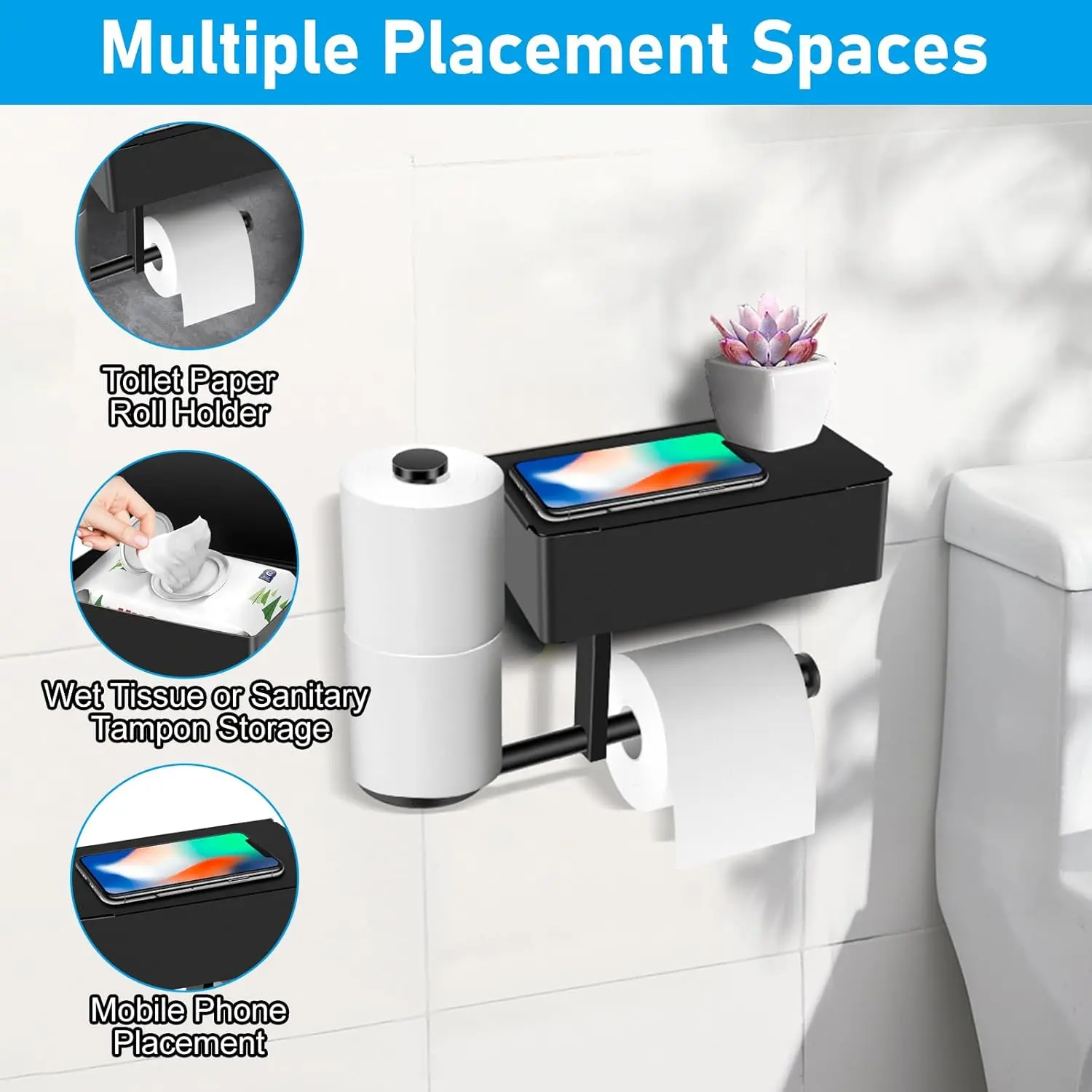 Toilet Paper Holder with Storage Shelf, Three Roll Bathroom Toilet Tissue Holder, Stainless Steel Toilet Paper Roll Holder 4