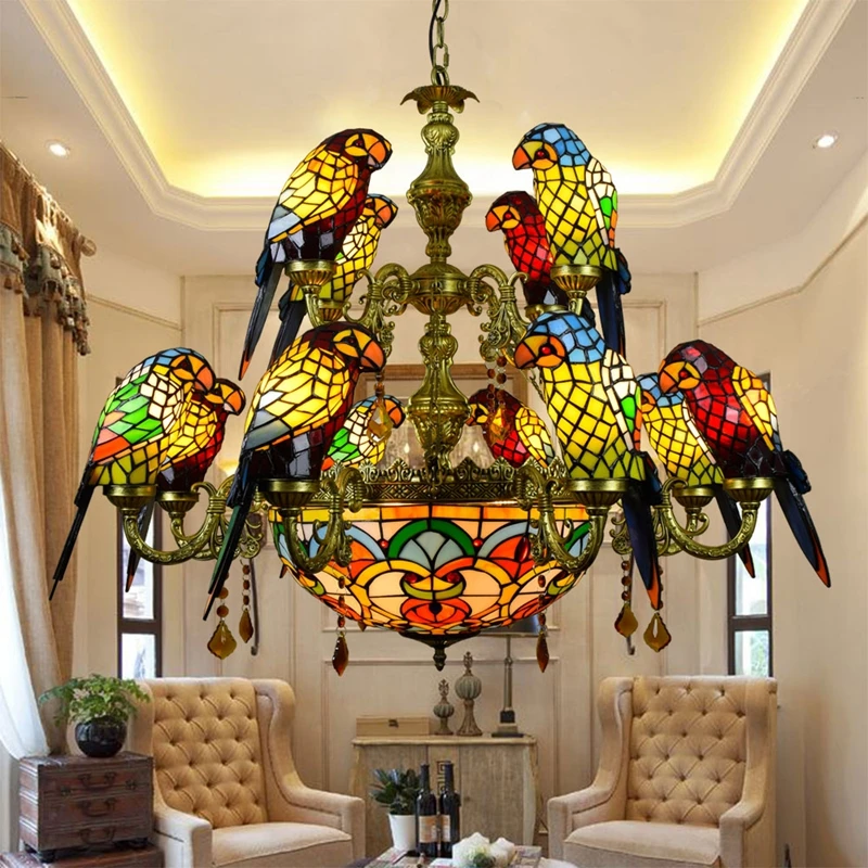 

Colored glass retro parrot chandelier American pastoral living room bar villa multi-head glass lamp