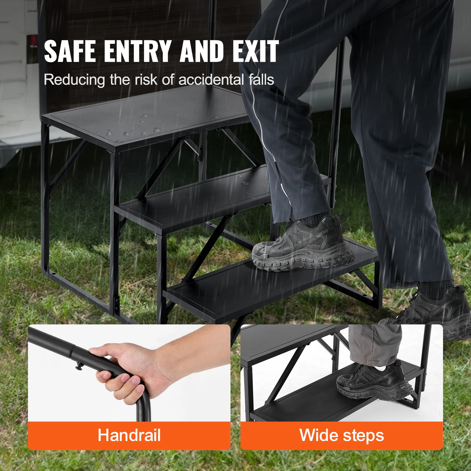 VEVOR RV Steps 3-Step RV Stairs 440 LBS Load Capacity Thickened Carbon Steel With Handrail Non-Slip Steps for Safe Entry Exit