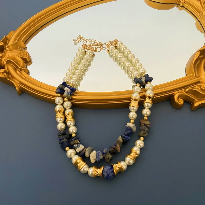 

Vintage Pearl Stone Handmade Beaded Fashion Double Layer Necklace