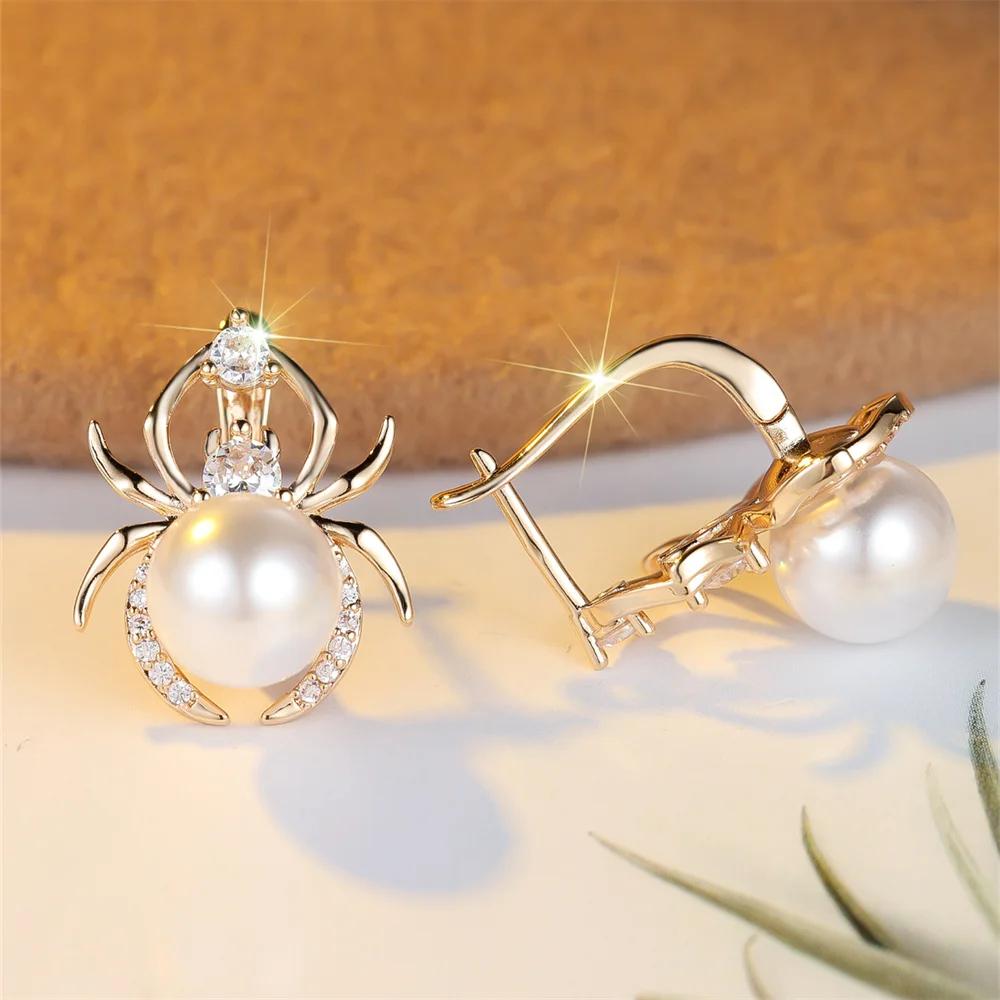 Simulated Pearl White Zircon Spider Hoop Earrings For Women Vintage Gold Color Ear Buckle Wedding Jewelry Halloween Party Gifts