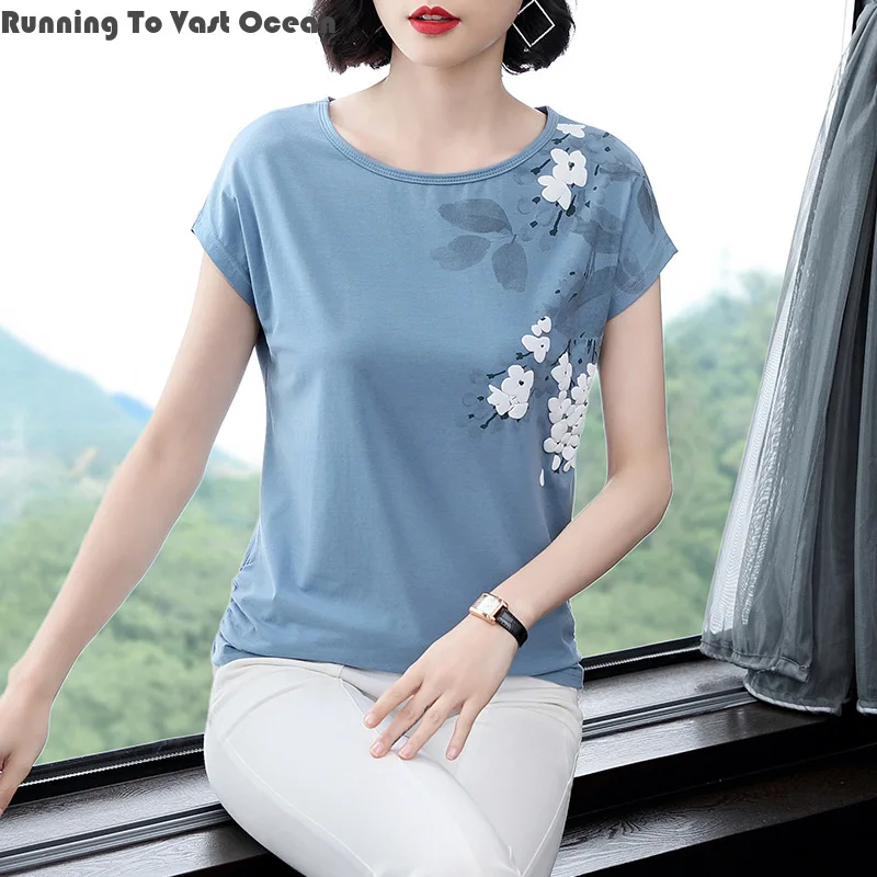 

2024 New Women's Cotton T-shirt Short Sleeved Loose and Versatile with Printed Temperament Commuting Middle-aged Mother Slimfit