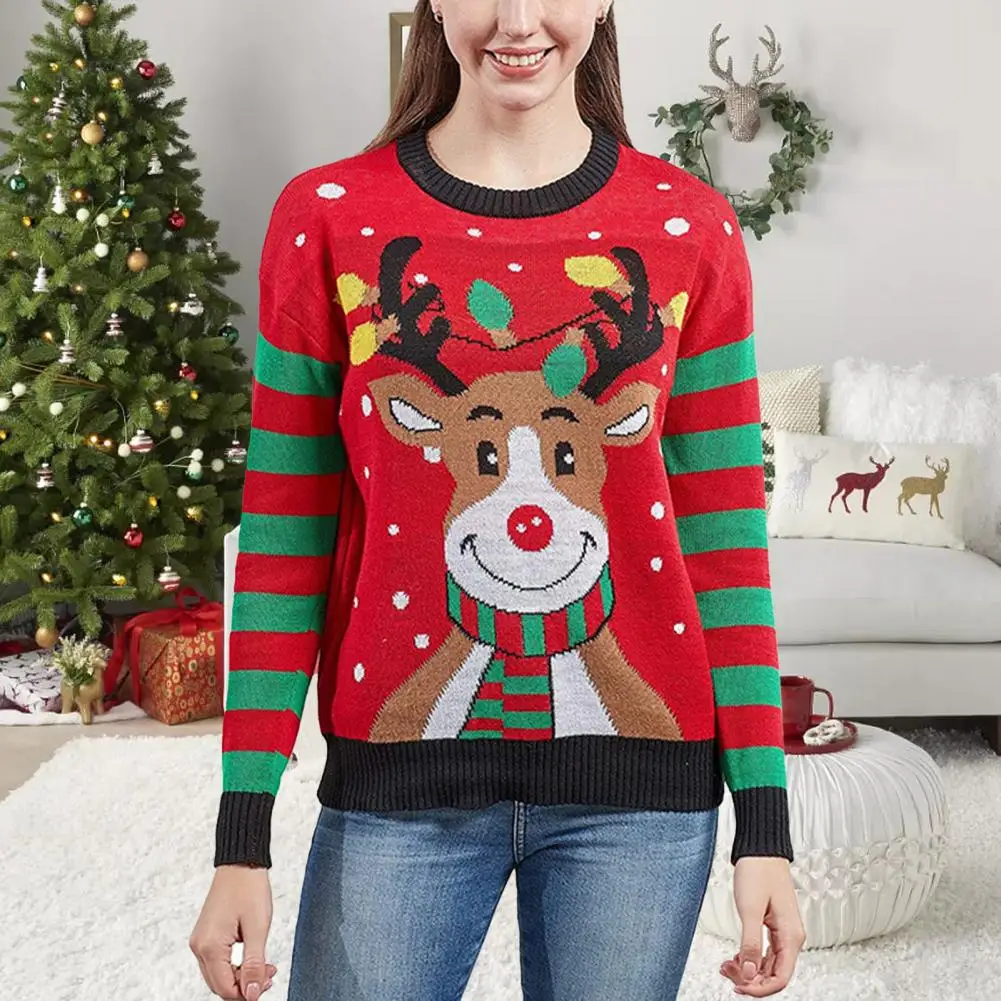 

Women Christmas Sweater Festive Christmas Women's Sweater Elk Pattern Breathable Red Green Pullover Fashionable for Holiday