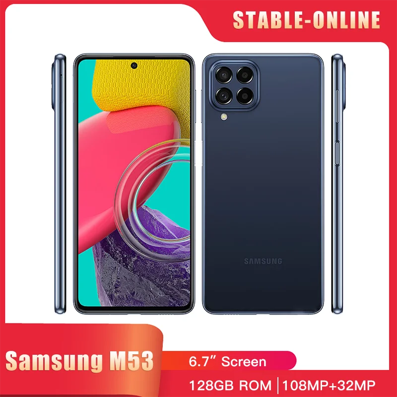 

Original Samsung Galaxy M53 M536S 5G Mobile Phone NFC 6.7'' 8GB RAM 128GB ROM 108MP+32MP 4K@30fps Octa-Core Android CellPhone