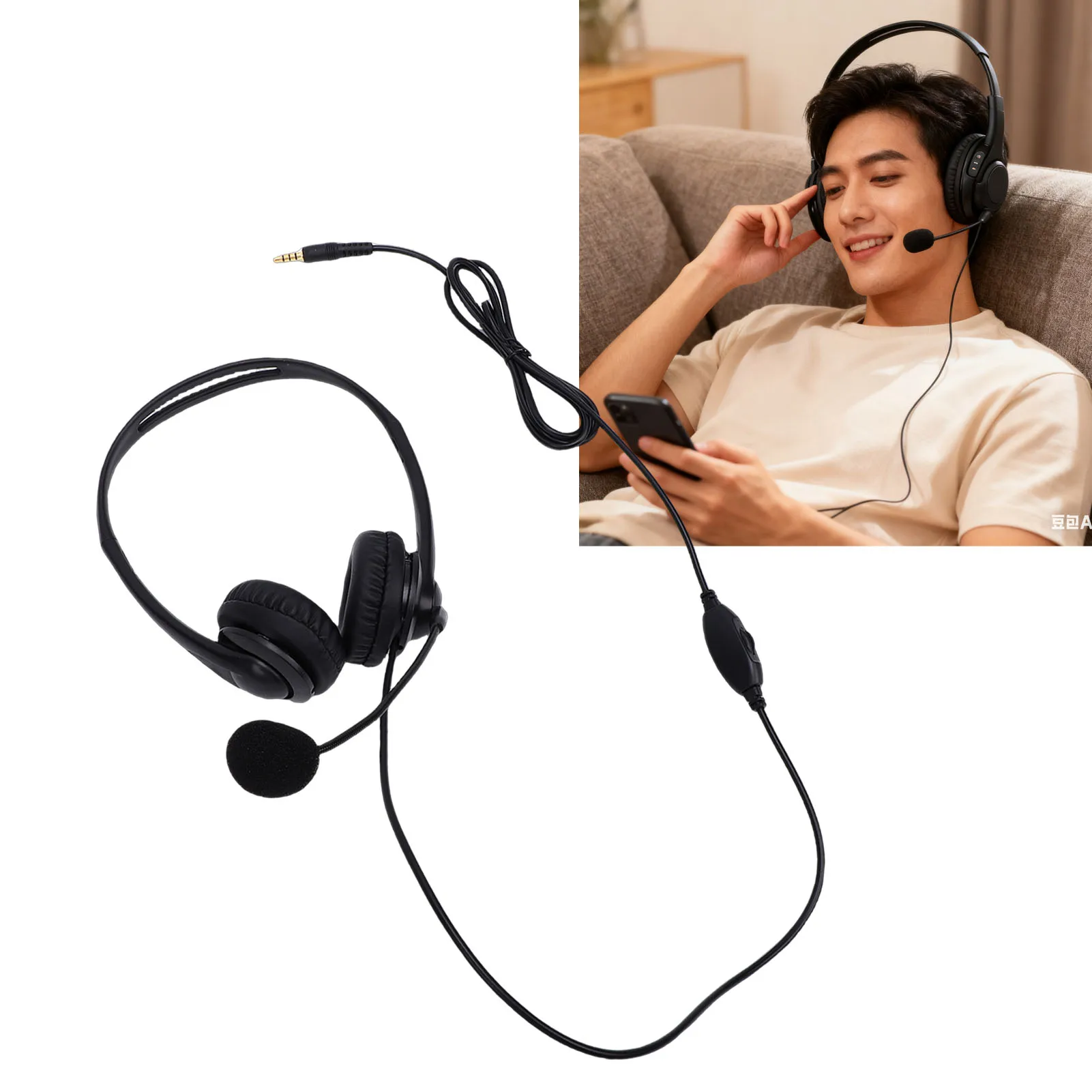 유선 헤드폰 편안한 인라인 컨트롤 유선 헤드셋(3.5mm 잭 포함) PC 노트북 폰용 소음 제거 마이크 볼륨 조절