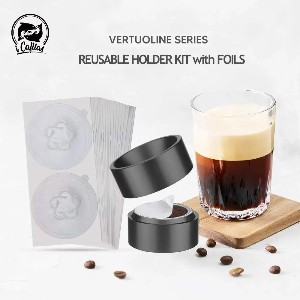 Nuovo Icafilas Riutilizzabile Vertuo Capsule Holder Kit Di Ricarica Per Nespresso Vertuoline Pod Con Guarnizioni In Foglio Di Alluminio Da 100 Pezzi