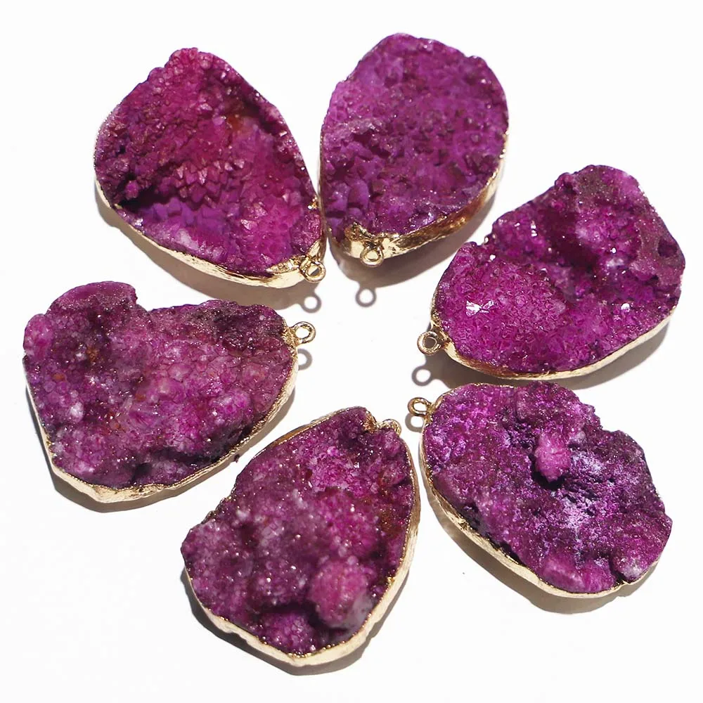Natural Stone Mei Red Crystal Druse Tooth Agate Pendant Irregular Mineral Healing Necklace DIY Jewelry Accessorie Wholesale 6Pcs