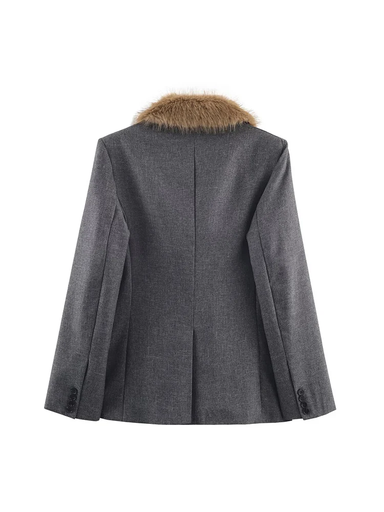 Women Fur Collar Suit Coats Elegant Casual Lapel Long Sleeve Pockets Decoration Single Breasted Ladies Slim Fashion Blazers
