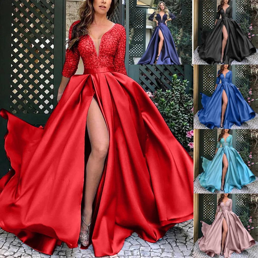 

Women's Lace Sequined Evening Dresses, Sexy Party Dress, Big Swing, V Neck, Summer Fashion