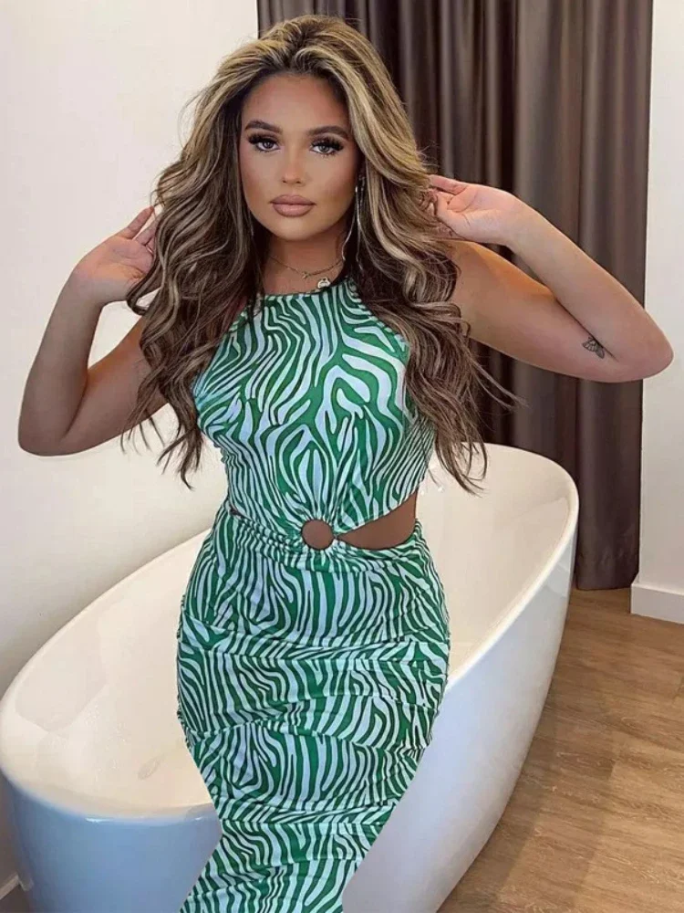 

Women's 2023 Summer Beach Party Fashion Print Sexy Hanging Neck Hollow Mid Length Dress Slim Fit Style Dress Women Y2k Dress