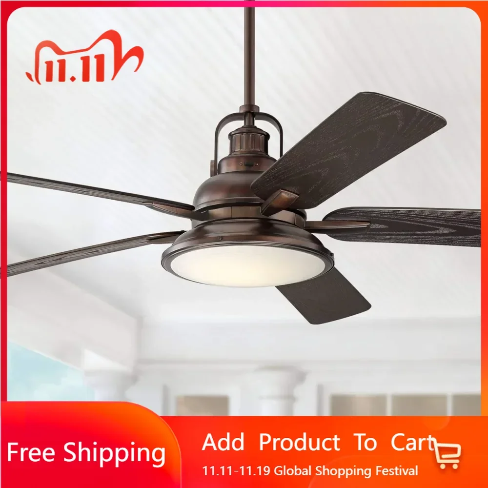 60" Wind and Sea Industrial Indoor Outdoor Ceiling Fan with Light LED Remote Control Dimmable Oil Brushed Bronze Brown