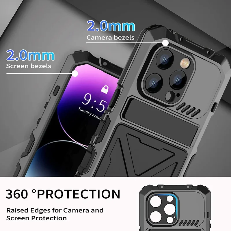 Heavy Duty Metal Frame Case for iPhone 14 Pro Max 14 Plus Kickstand Rugged Silicone Cover with Tempered Glass Screen Protector